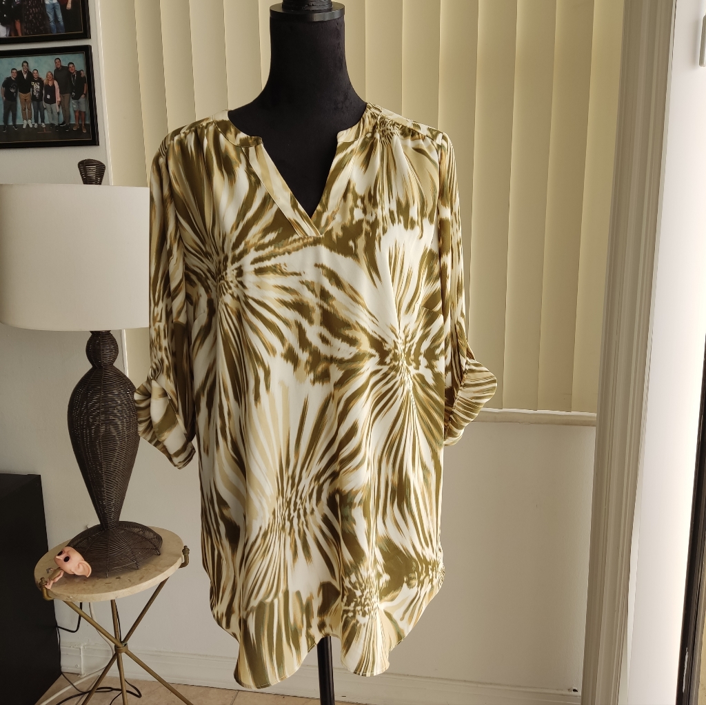 Nwt Worthington Women's Olive Floral-Print V-Neck Blouse Size 0x
